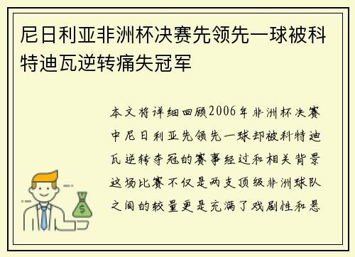 尼日利亚非洲杯决赛先领先一球被科特迪瓦逆转痛失冠军